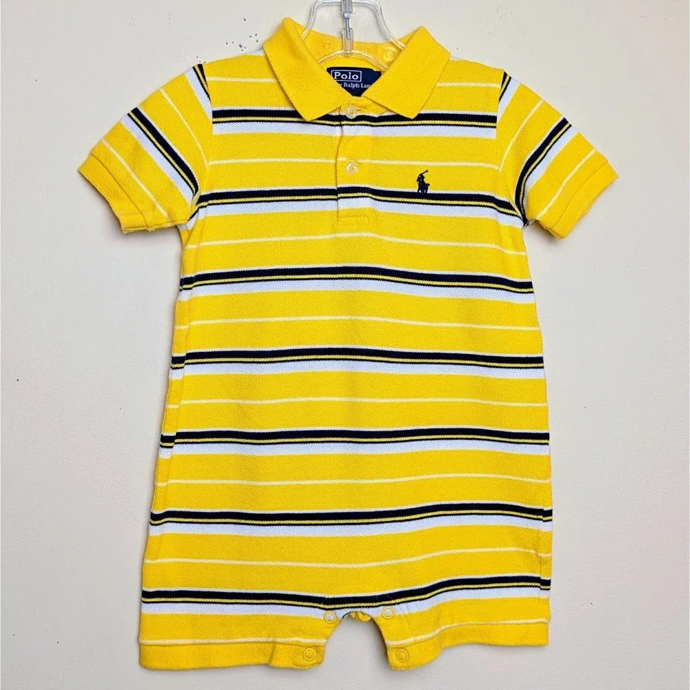 Vintage Ralph Lauren Polo Striped Romper One Piece EUC Yellow Baby Size 9 Months